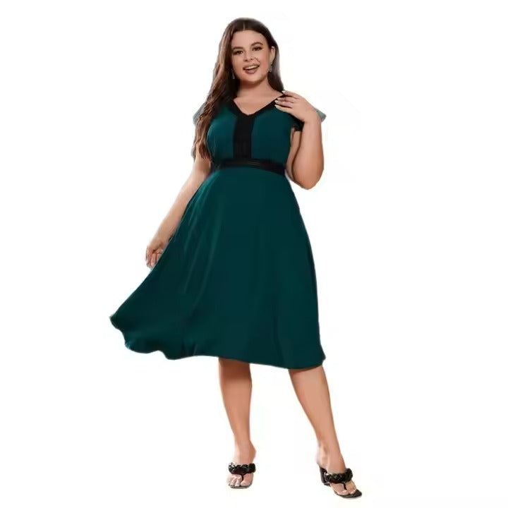 2025 New Women's V-Neck Chiffon Dress Elegant Plus Size Lace Trim Flowy Dress for Casual/Party