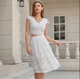Ladies New Style Elegant V-neck Short-sleeved Waist Top Skirt Suit Casual Party Dinner Lace Suit Dress