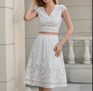 Ladies New Style Elegant V-neck Short-sleeved Waist Top Skirt Suit Casual Party Dinner Lace Suit Dress