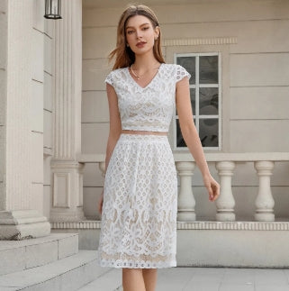Ladies New Style Elegant V-neck Short-sleeved Waist Top Skirt Suit Casual Party Dinner Lace Suit Dress