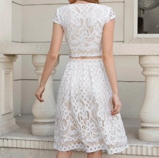 Ladies New Style Elegant V-neck Short-sleeved Waist Top Skirt Suit Casual Party Dinner Lace Suit Dress