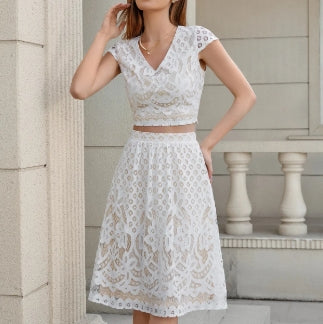Ladies New Style Elegant V-neck Short-sleeved Waist Top Skirt Suit Casual Party Dinner Lace Suit Dress