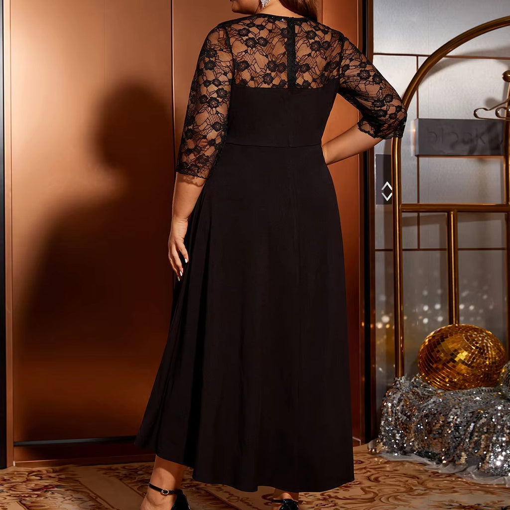 Black Women's Large Size Lace Spliced Long With Full Hem Evening Dress