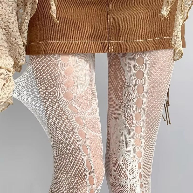 Factory Rose Jacquard Lace Mesh Fishnet Stockings White Pantyhose