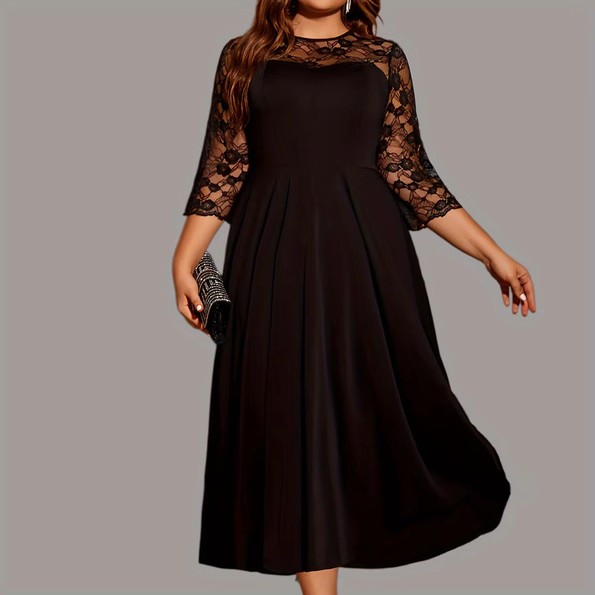 Black Women's Large Size Lace Spliced Long With Full Hem Evening Dress