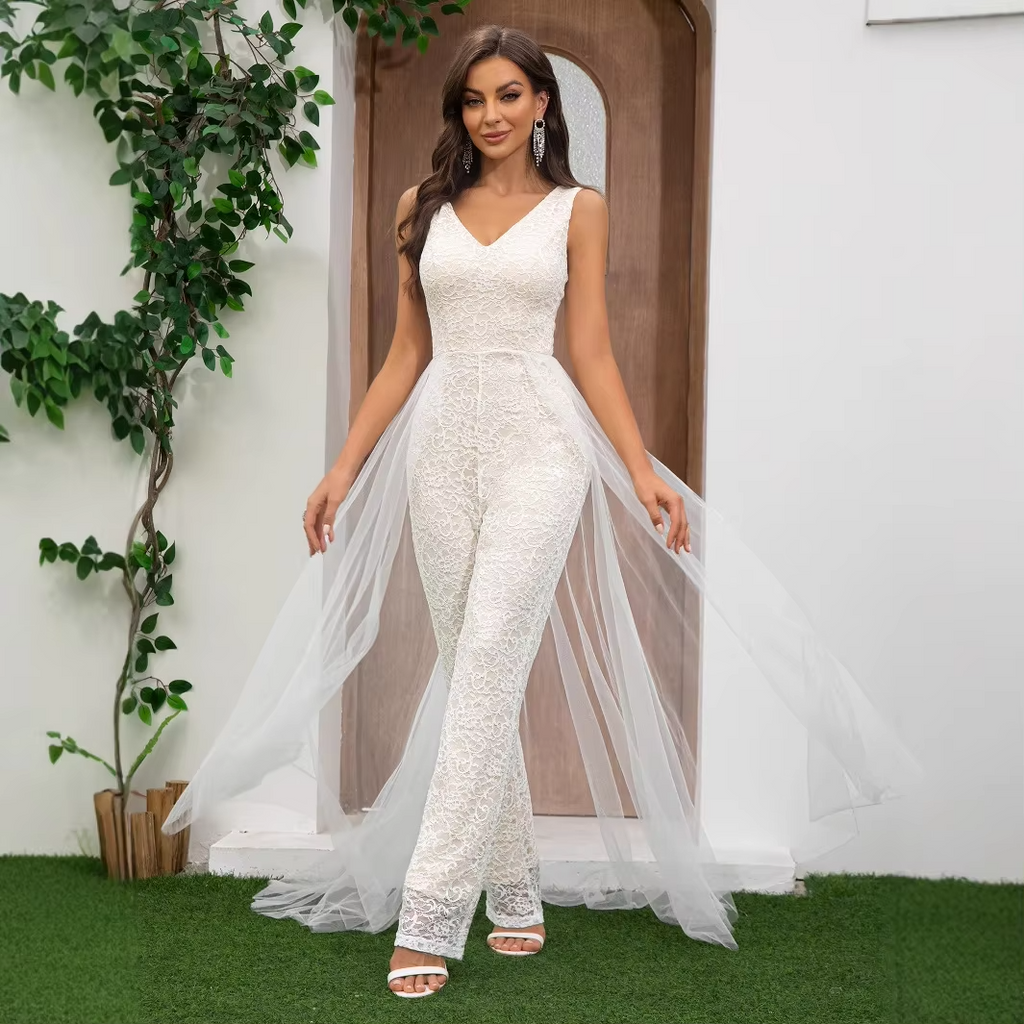 Women's Vintage Jumpsuit Cross-Border Fashion Slim Sexy Lace Splicing Mesh Sleeveless Empire Solid