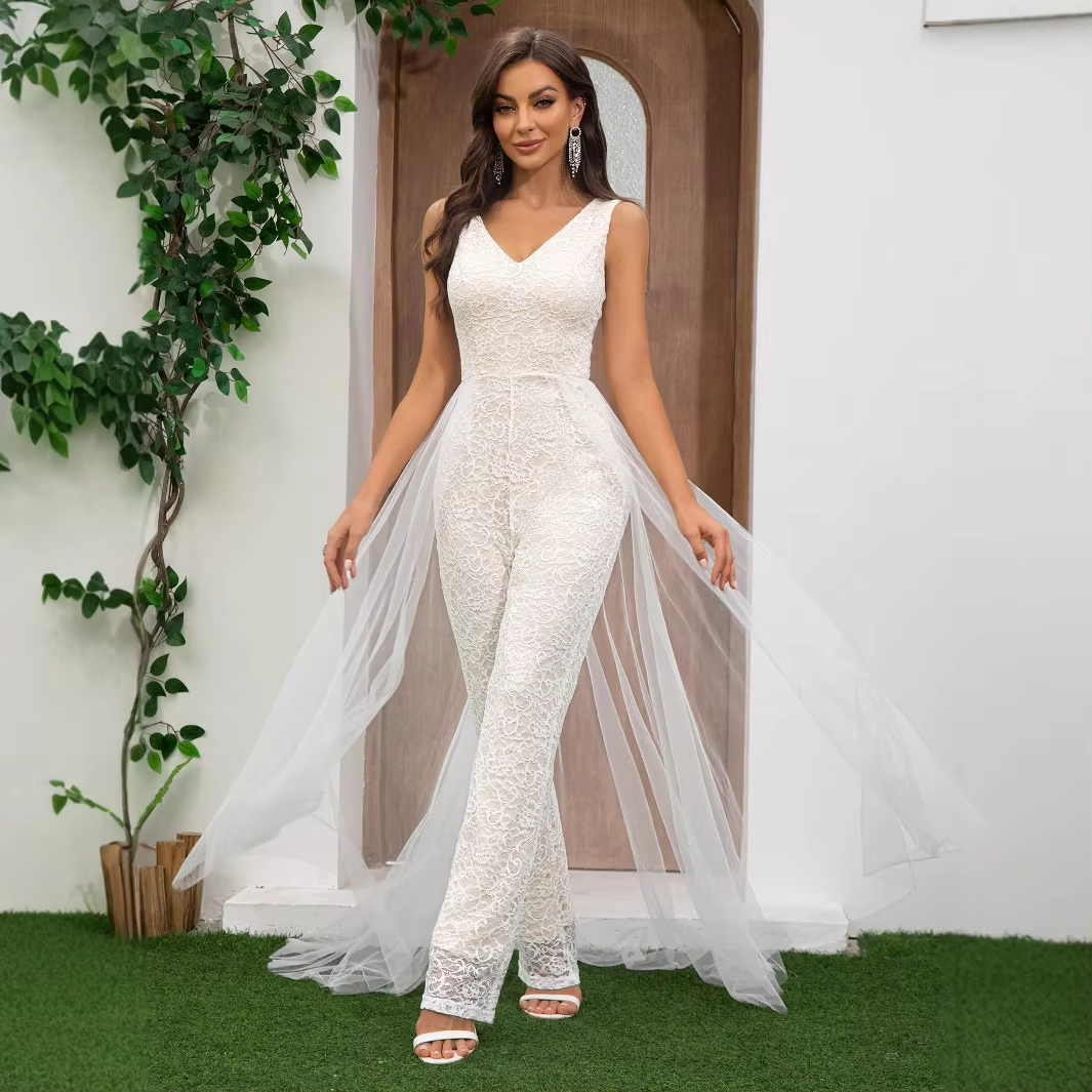 Women's Vintage Jumpsuit Cross-Border Fashion Slim Sexy Lace Splicing Mesh Sleeveless Empire Solid