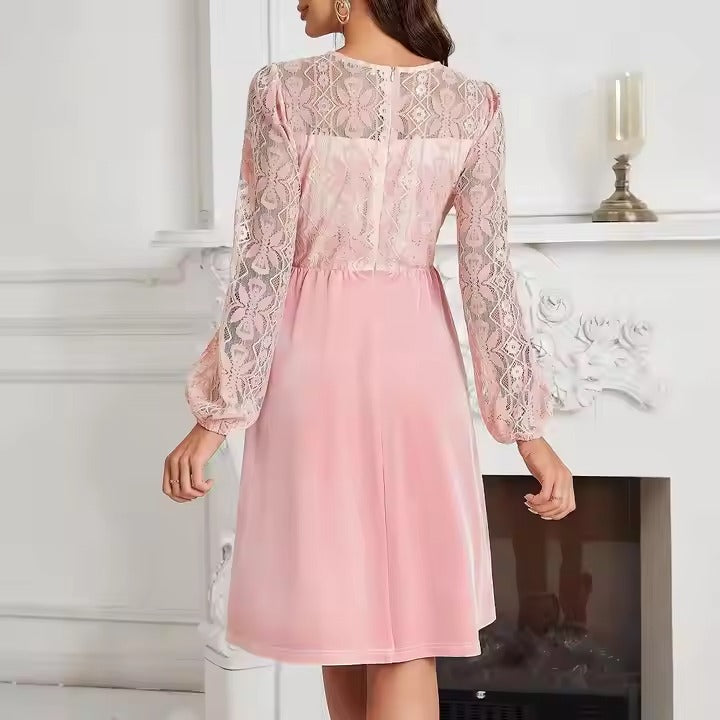 2025 Summer Best Selling Women's Lace Evening Dress Sexy Cut Long Sleeve Slinky Waist Party Gown Solid Pattern Digital Printing