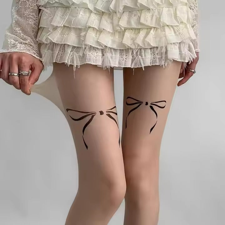 Transparent Bowknot Printing Kpop Mini Dress Stocking Tights for Girls Underwear