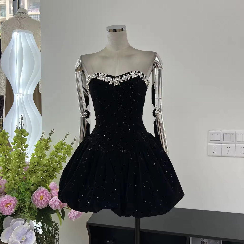 Hot Sale Dinner Party Diamond Strapless Evening Dress Female Birthday Light Luxury Bow Fashion Sexy Woven Natural Waist