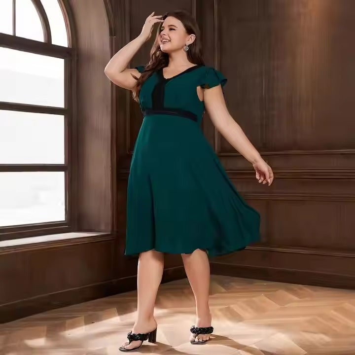 2025 New Women's V-Neck Chiffon Dress Elegant Plus Size Lace Trim Flowy Dress for Casual/Party