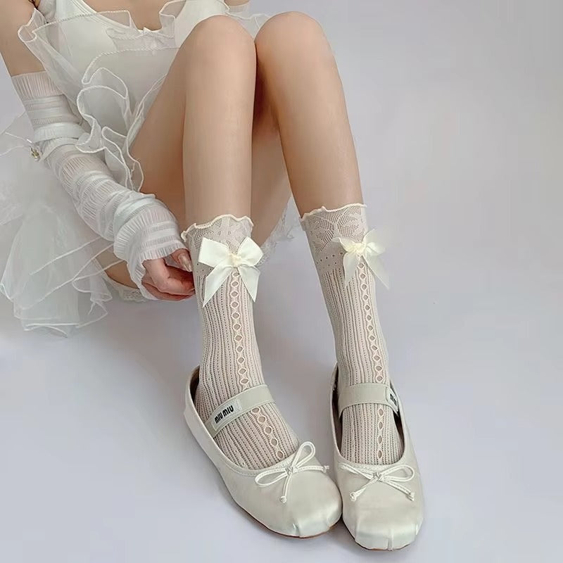 High Quality Unisex Crew Socks for Spring Summer Custom Design Silk Socks With Bow Casual Print Pattern and Custom Logo