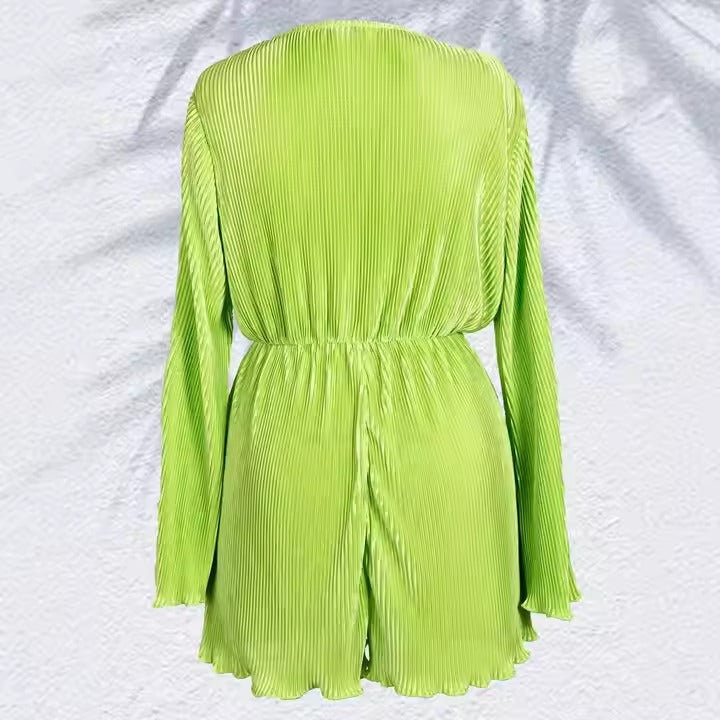 2025 Summer New Women's Fashion Loose Fit Deep V-Neck Jumpsuit Sexy Solid Color Long Sleeve Romper for Ladies