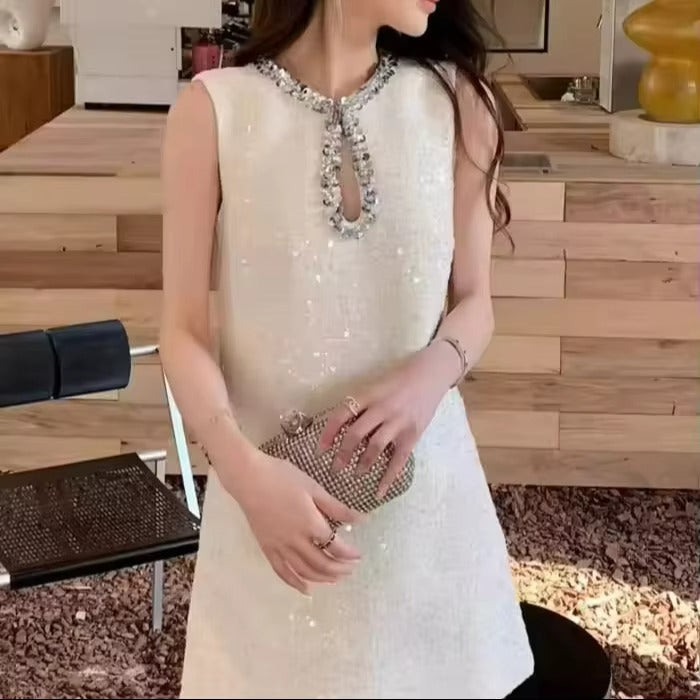 Solid Pattern Sleeveless A-Line Dress with Sequin Coarse Tweed Chic New Chic Casual Style Natural Waistline Eco-Friendly