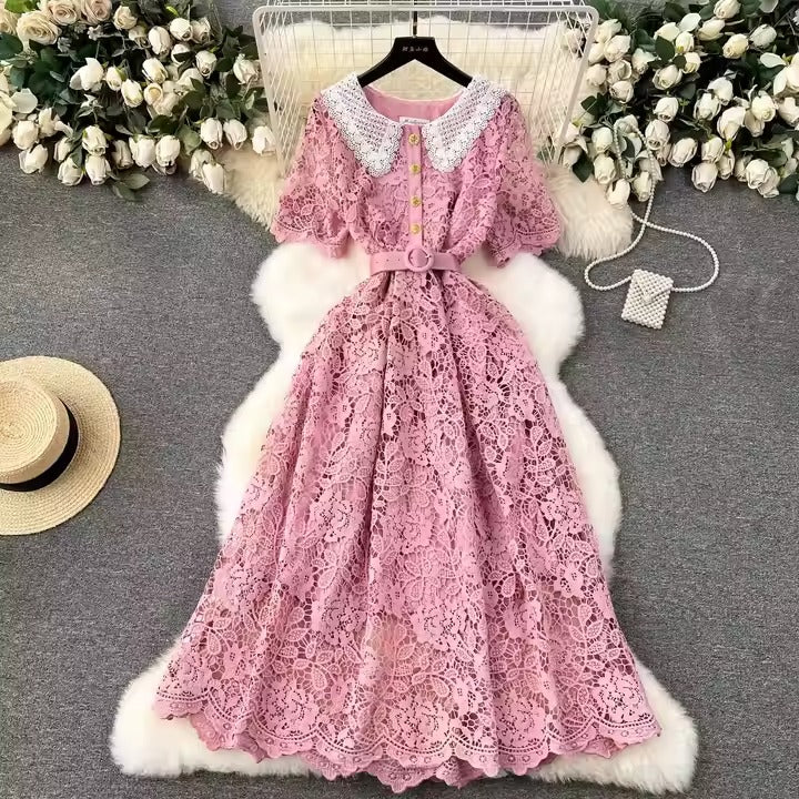 Korean Candy Color Elegant Design Belt Slim Waist Lace Dress Women Evening Dresses
