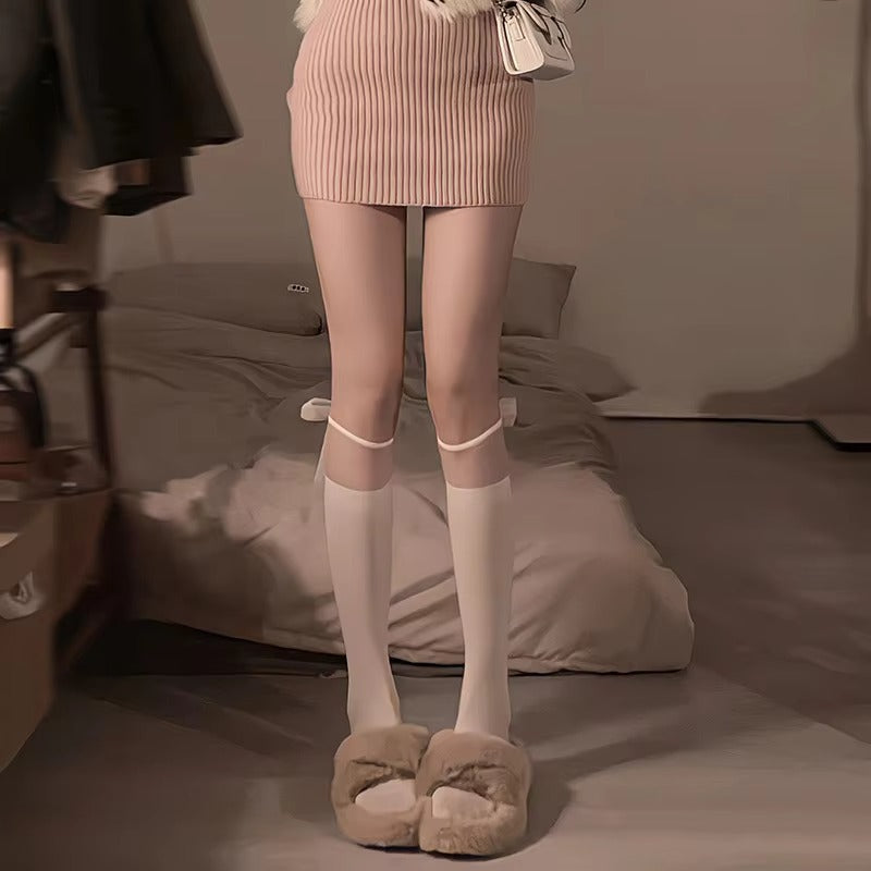 Seamless Thin Knitted Knee High Lolita Stockings Transparent Patchwork Lace Pattern Daily Socks