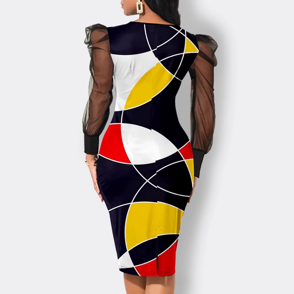 Plus Size Mesh Panel Dress Women Floral Print Bodycon Long Sleeve Hip Hugging Spring Casual Dress