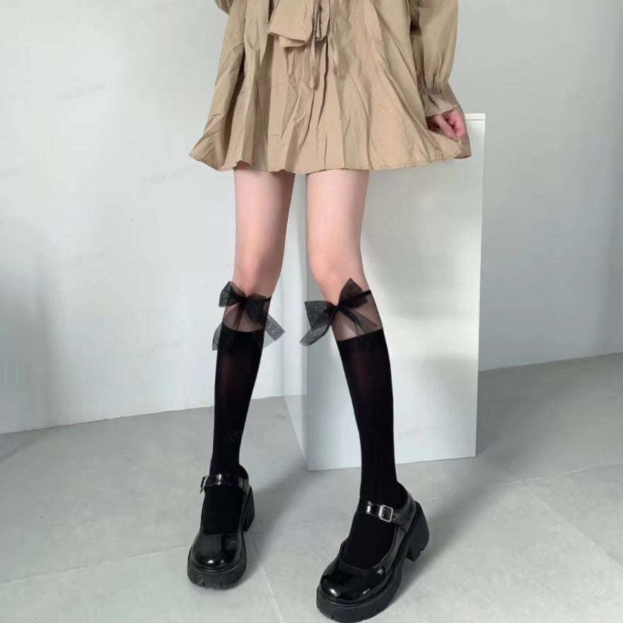 Seamless Thin Knitted Knee High Lolita Stockings Transparent Patchwork Lace Pattern Daily Socks