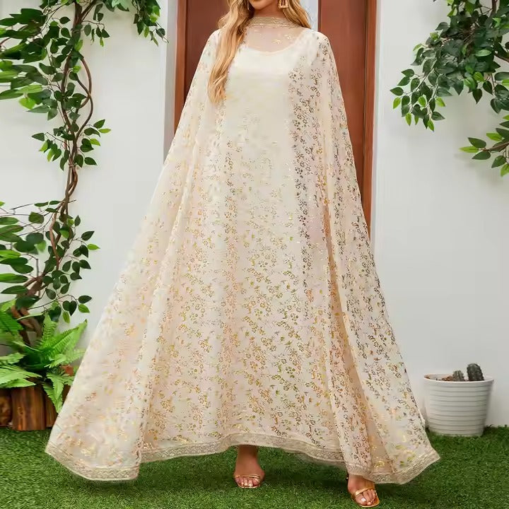 Gilded Two-piece Suit With Shawl Lace Embroidery Middle Eastern Arabic Robe Muslim Clothing