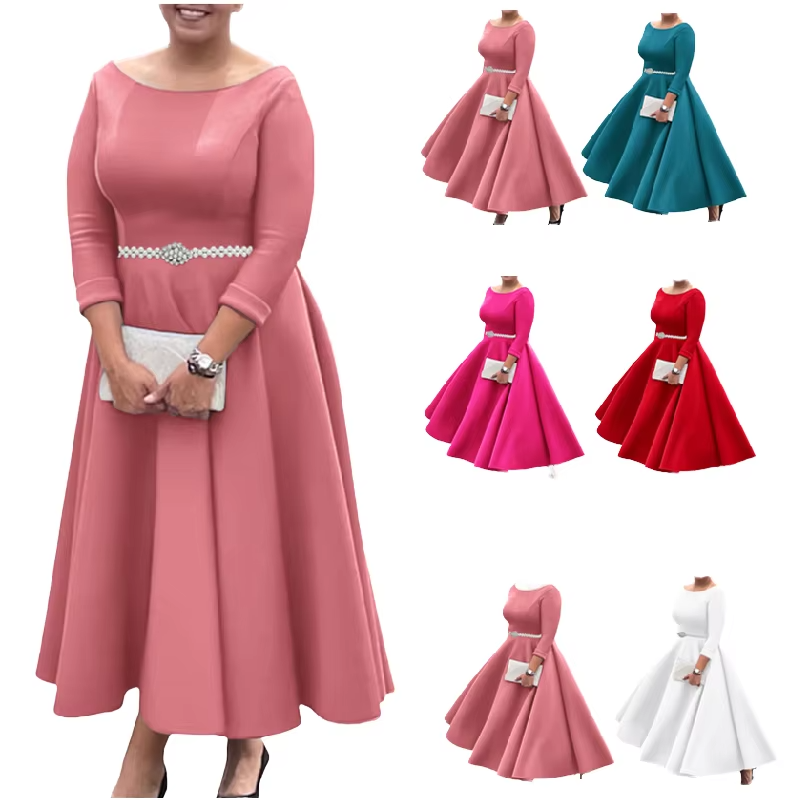 Elegant Evening Dress New European American Solid Color Large Hem Empire A-Line for Parties for Foreign Trade
