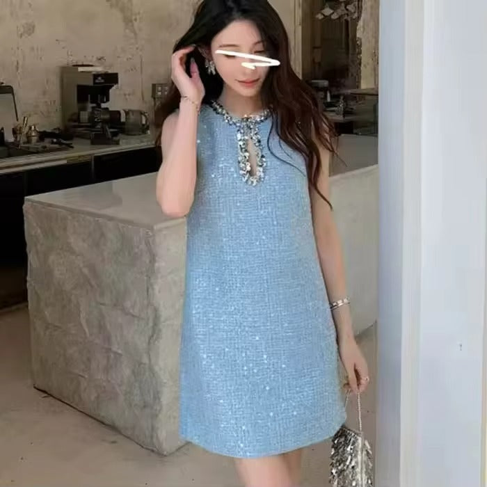 Solid Pattern Sleeveless A-Line Dress with Sequin Coarse Tweed Chic New Chic Casual Style Natural Waistline Eco-Friendly