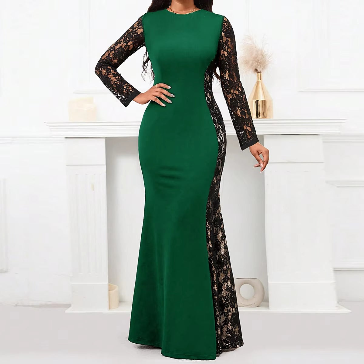 Women's Large Size Lace Round Neck Long Sleeve Fishtail Long Banquet Dress for Party