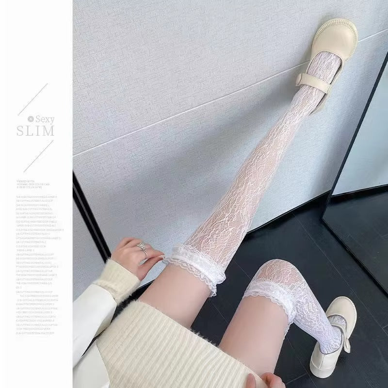 Good Quality Knee High Socks Lace White Frilly Women Socks Summer Breathable Sheer Tulle Kids Lace Cuff Socks for Girls