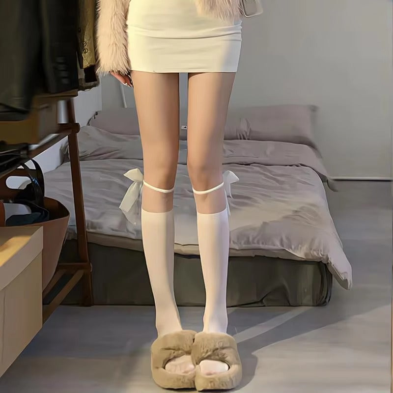 Seamless Thin Knitted Knee High Lolita Stockings Transparent Patchwork Lace Pattern Daily Socks