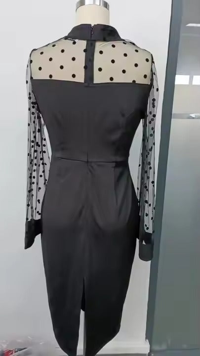 Women's 2025 Autumn Bodycon Dress Sexy Mesh See-Through Slit Long Sleeve Casual Solid Pattern Digital Printing Natural Waistline