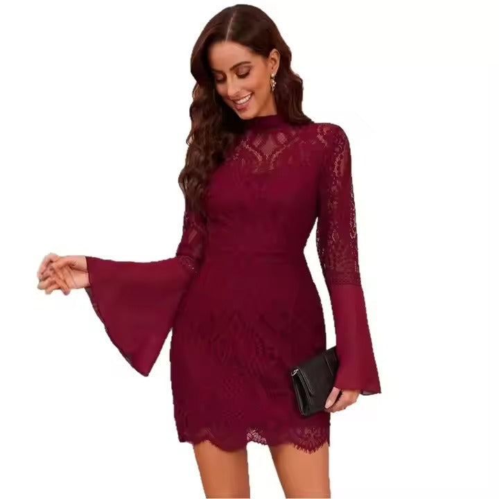 New Arrival Elegant Lace Trim Bell Sleeve Dress for Holiday Parties, Women's Floral Embroidery Formal Gown with Slim Fit