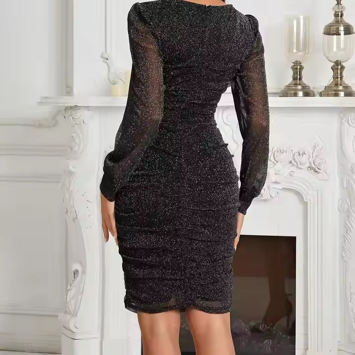 2025 New Women's Dress Sexy, Elegant Gorgeous Silver Silk High Elasticity Perspective Hip Wrapping Dress