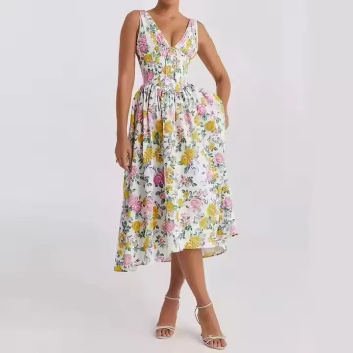 Summer's Fashionable Printed V-Neck Dress New Slim-Fitting Sexy Halter Design Vacation Style Elegant Empire