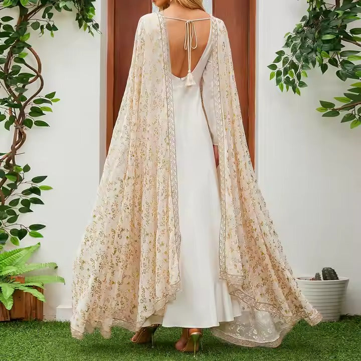 Gilded Two-piece Suit With Shawl Lace Embroidery Middle Eastern Arabic Robe Muslim Clothing