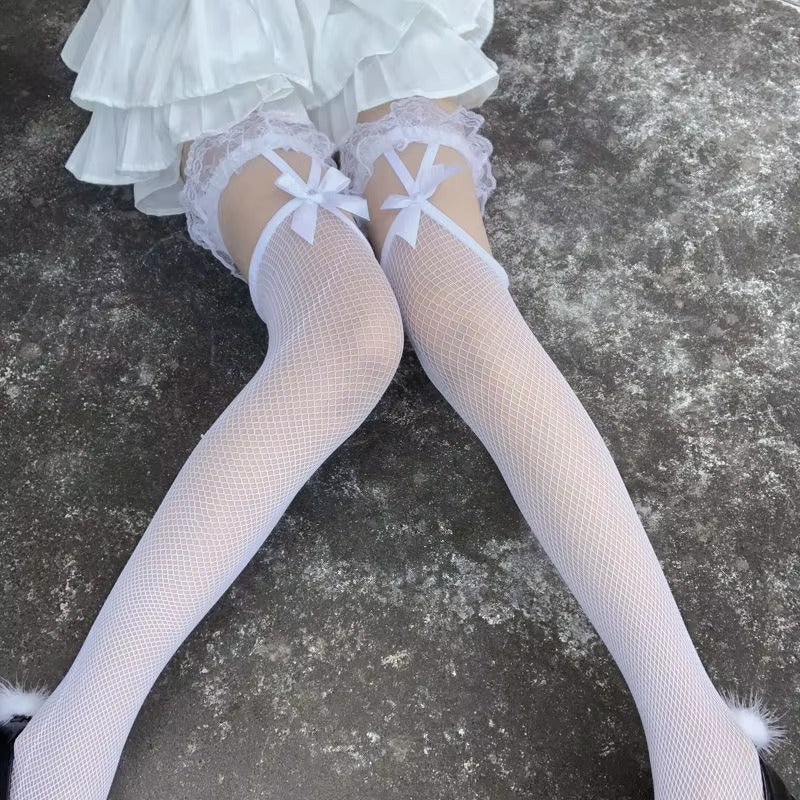 Seamless Nylon Over Knee Thigh High Fishnet Stockings JK Style With Bowknots Rhinestones Transparent Spandex Pantyhose Free Size