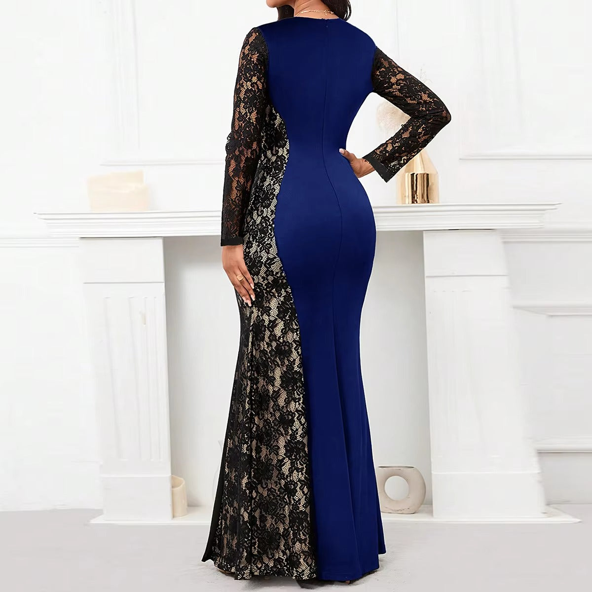 Women's Large Size Lace Round Neck Long Sleeve Fishtail Long Banquet Dress for Party