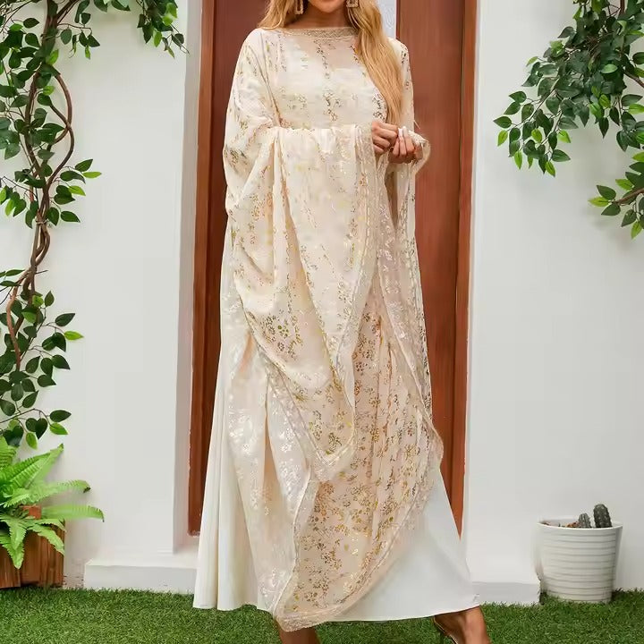 Gilded Two-piece Suit With Shawl Lace Embroidery Middle Eastern Arabic Robe Muslim Clothing