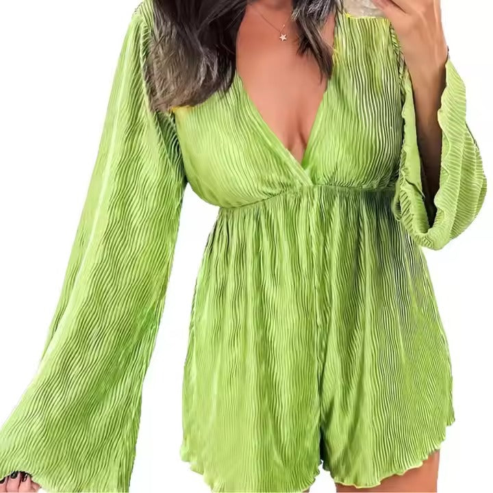 2025 Summer New Women's Fashion Loose Fit Deep V-Neck Jumpsuit Sexy Solid Color Long Sleeve Romper for Ladies
