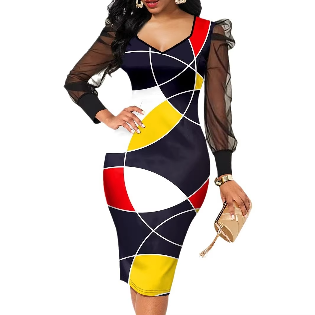 Plus Size Mesh Panel Dress Women Floral Print Bodycon Long Sleeve Hip Hugging Spring Casual Dress