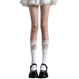 Girl's Transparent Hosiery Mesh Lace Bowknot Tie Knee Tights Sweet Japanese Lolita Stocking