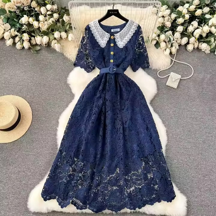 Korean Candy Color Elegant Design Belt Slim Waist Lace Dress Women Evening Dresses