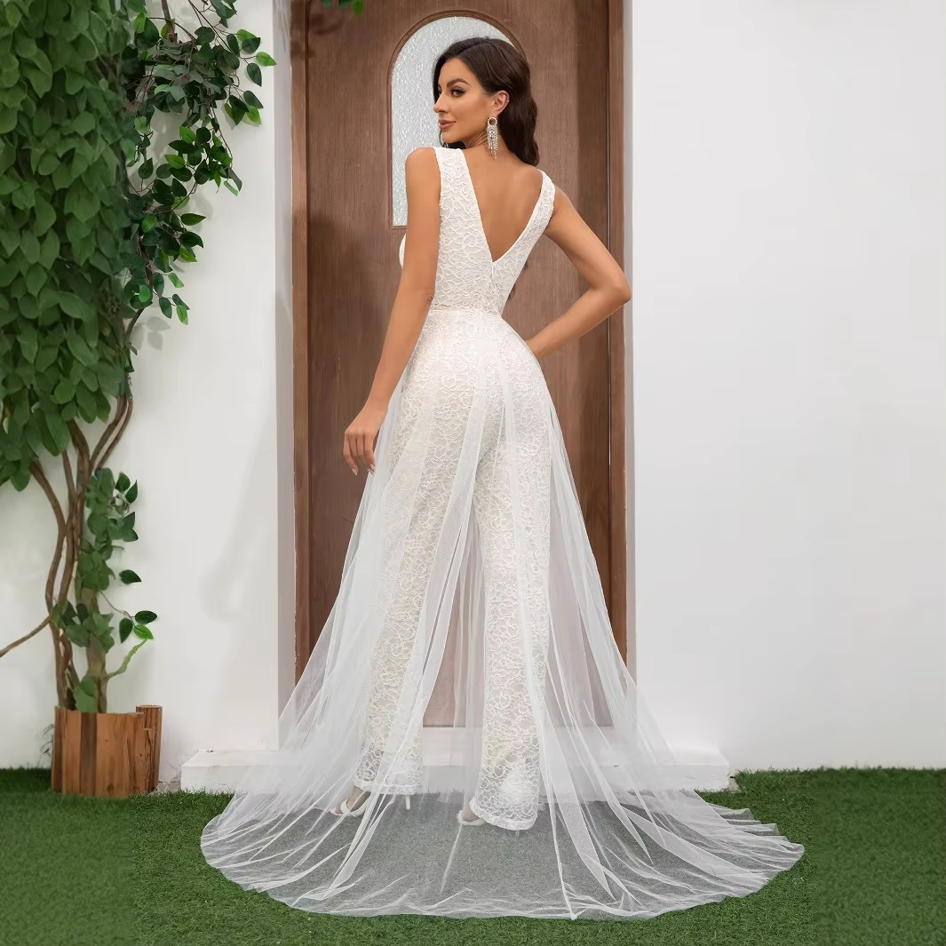Women's Vintage Jumpsuit Cross-Border Fashion Slim Sexy Lace Splicing Mesh Sleeveless Empire Solid