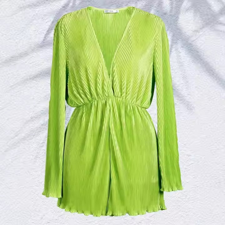 2025 Summer New Women's Fashion Loose Fit Deep V-Neck Jumpsuit Sexy Solid Color Long Sleeve Romper for Ladies
