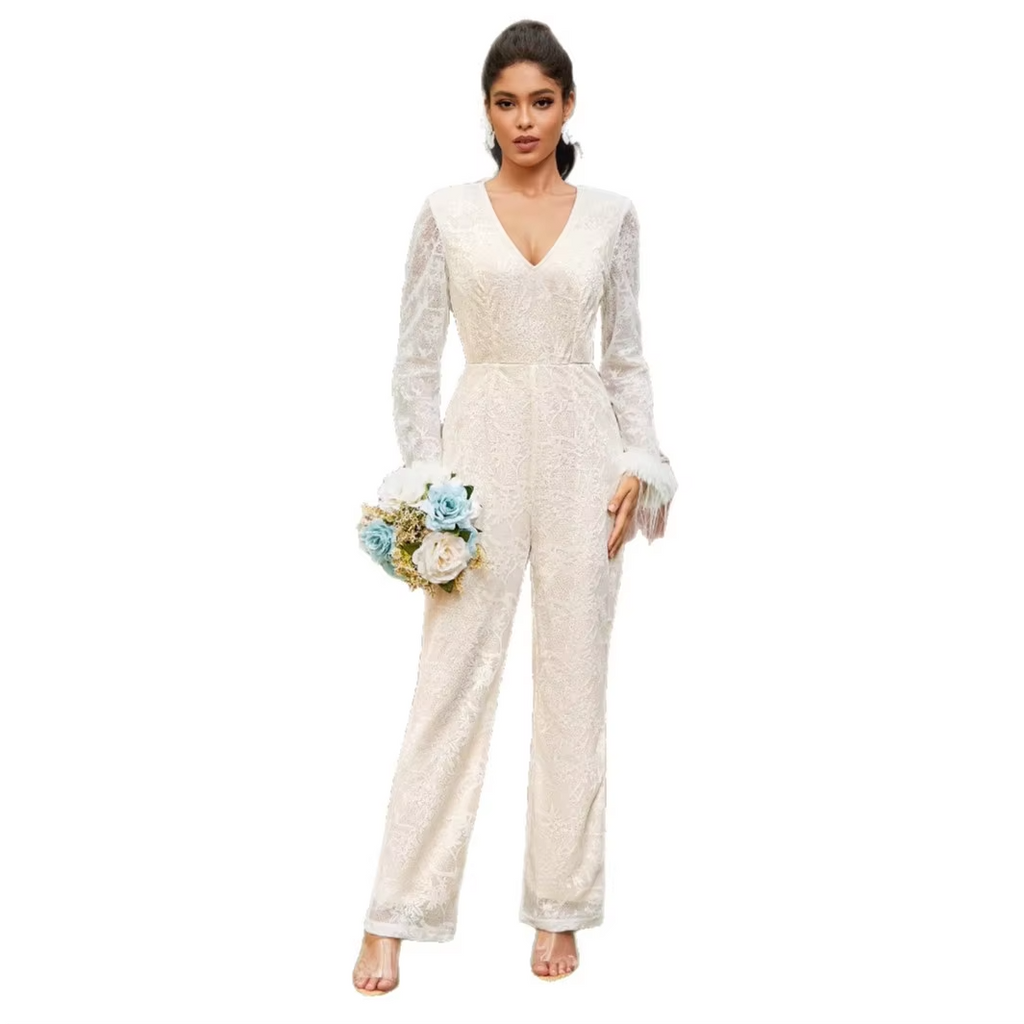 2025 Women's Deep V Lace Splicing Jumpsuit New Style Sexy Fashion Long-Sleeved Above Knee Length for Parties