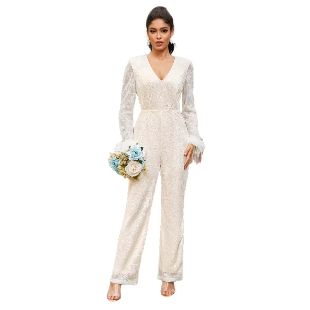 2025 Women's Deep V Lace Splicing Jumpsuit New Style Sexy Fashion Long-Sleeved Above Knee Length for Parties