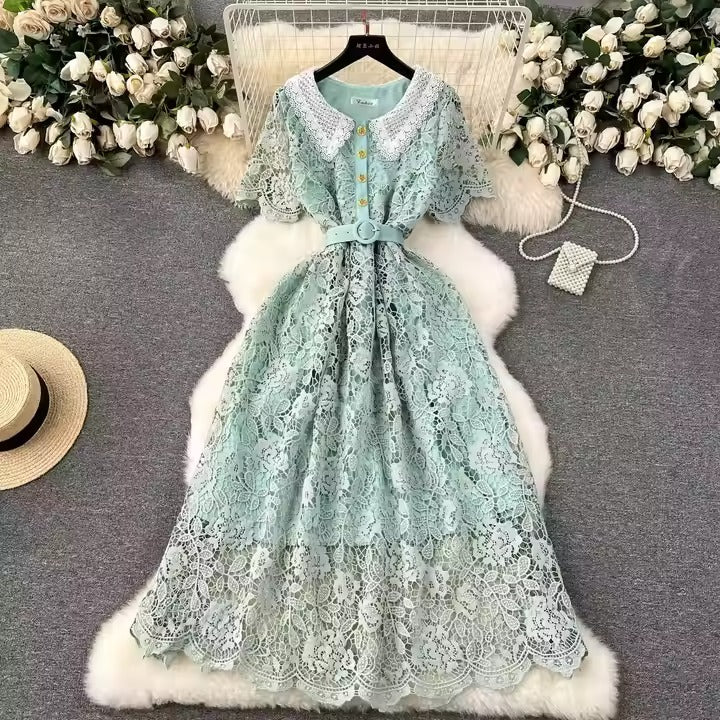 Korean Candy Color Elegant Design Belt Slim Waist Lace Dress Women Evening Dresses