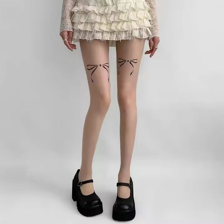Transparent Bowknot Printing Kpop Mini Dress Stocking Tights for Girls Underwear