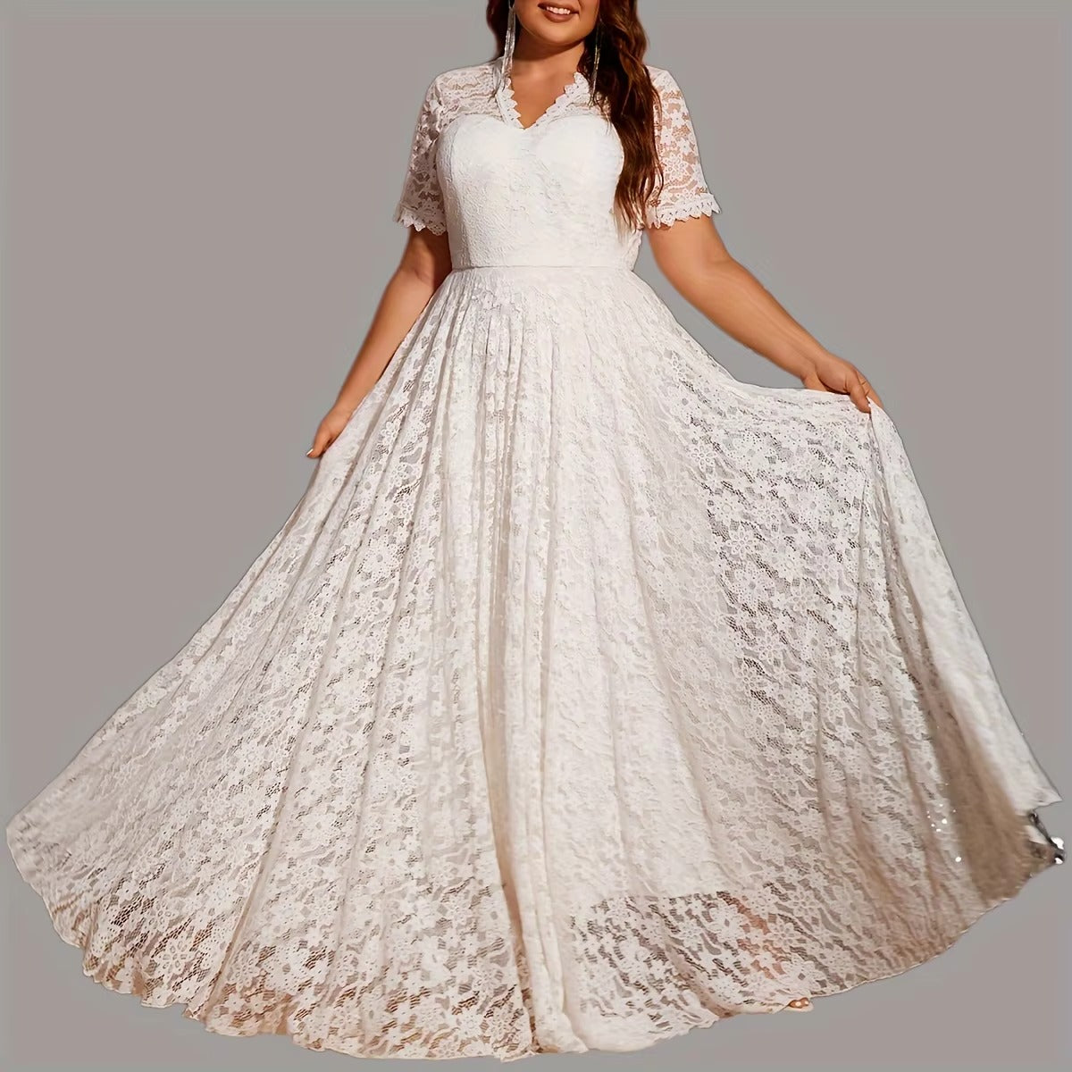 Romantic Women's Ball Gown Evening Dress Large Size White Lace V-Neck Short-Sleeved Long-Length Modern Style Floor-Length