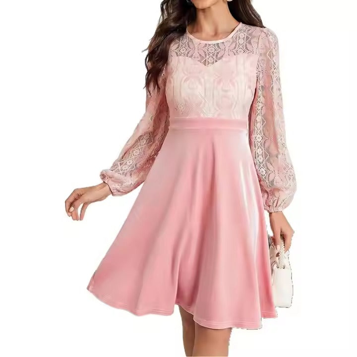 2025 Summer Best Selling Women's Lace Evening Dress Sexy Cut Long Sleeve Slinky Waist Party Gown Solid Pattern Digital Printing