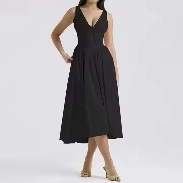 Summer's Fashionable Printed V-Neck Dress New Slim-Fitting Sexy Halter Design Vacation Style Elegant Empire