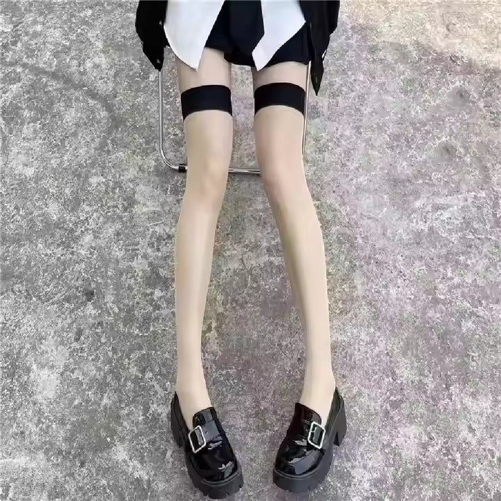 Free Size Black Mature Women Sexy Sheer Spandex Nylons Floral Jacquard Thigh-High Pantyhose